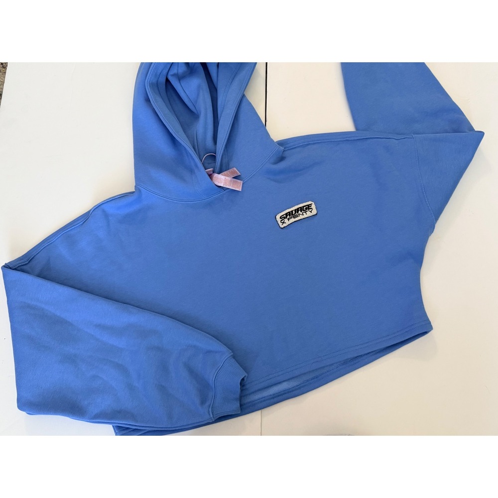 Savage X Fenty Women‎ Blue Cropped Hoodie Graphic Logo Sweatshirt Medium